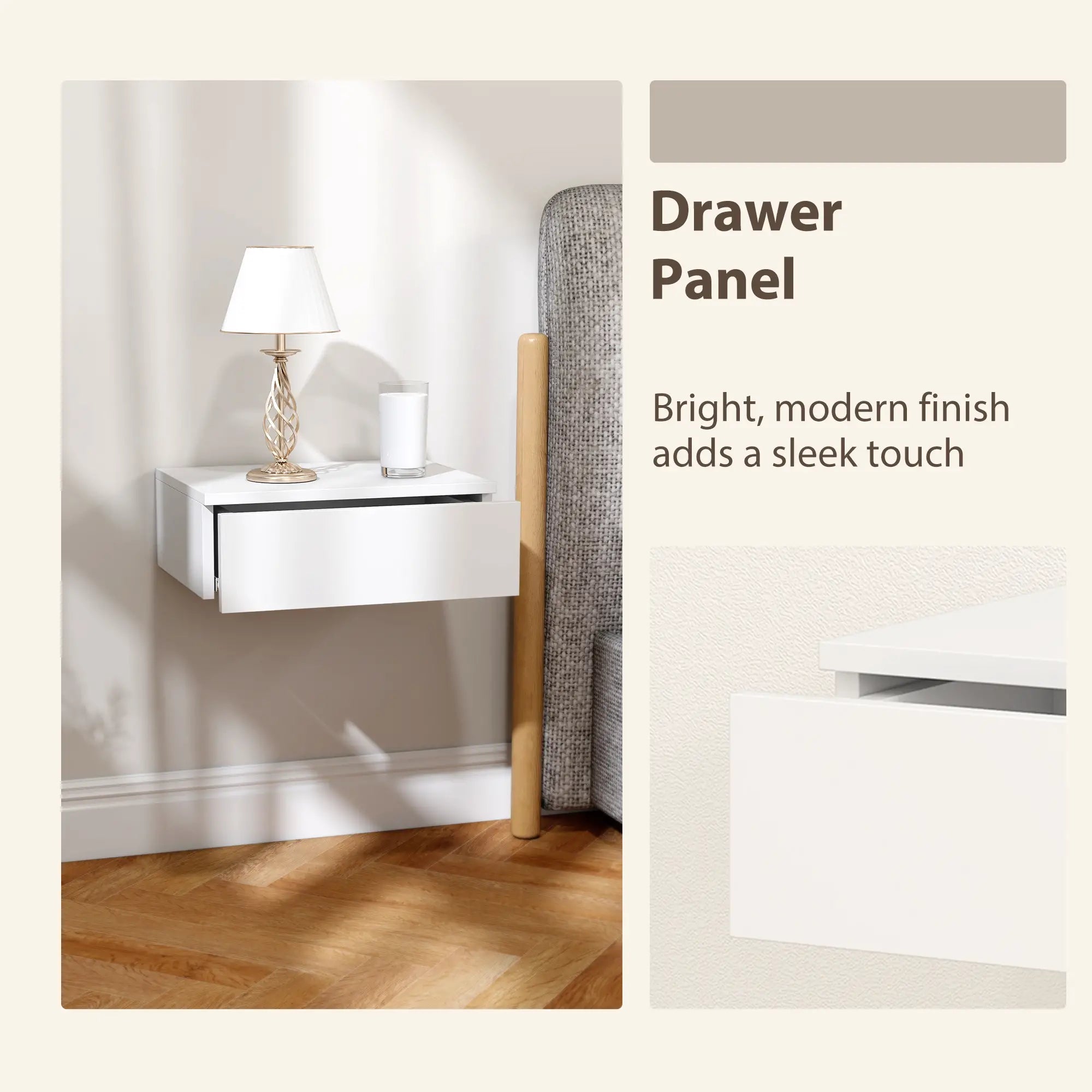 Set of 2 Wall Mounted Bedside Tables, High Gloss Floating Nightstands with Drawer, White Bedside Tables at Gallery Canada