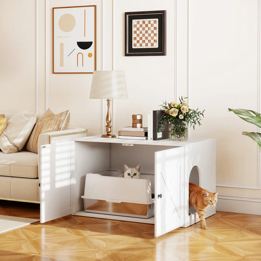 Cat Litter Box Enclosure, Double Doors, Handles, 31.5" x 21" x 20", White Cat Litter Box Enclosures White at Gallery Canada