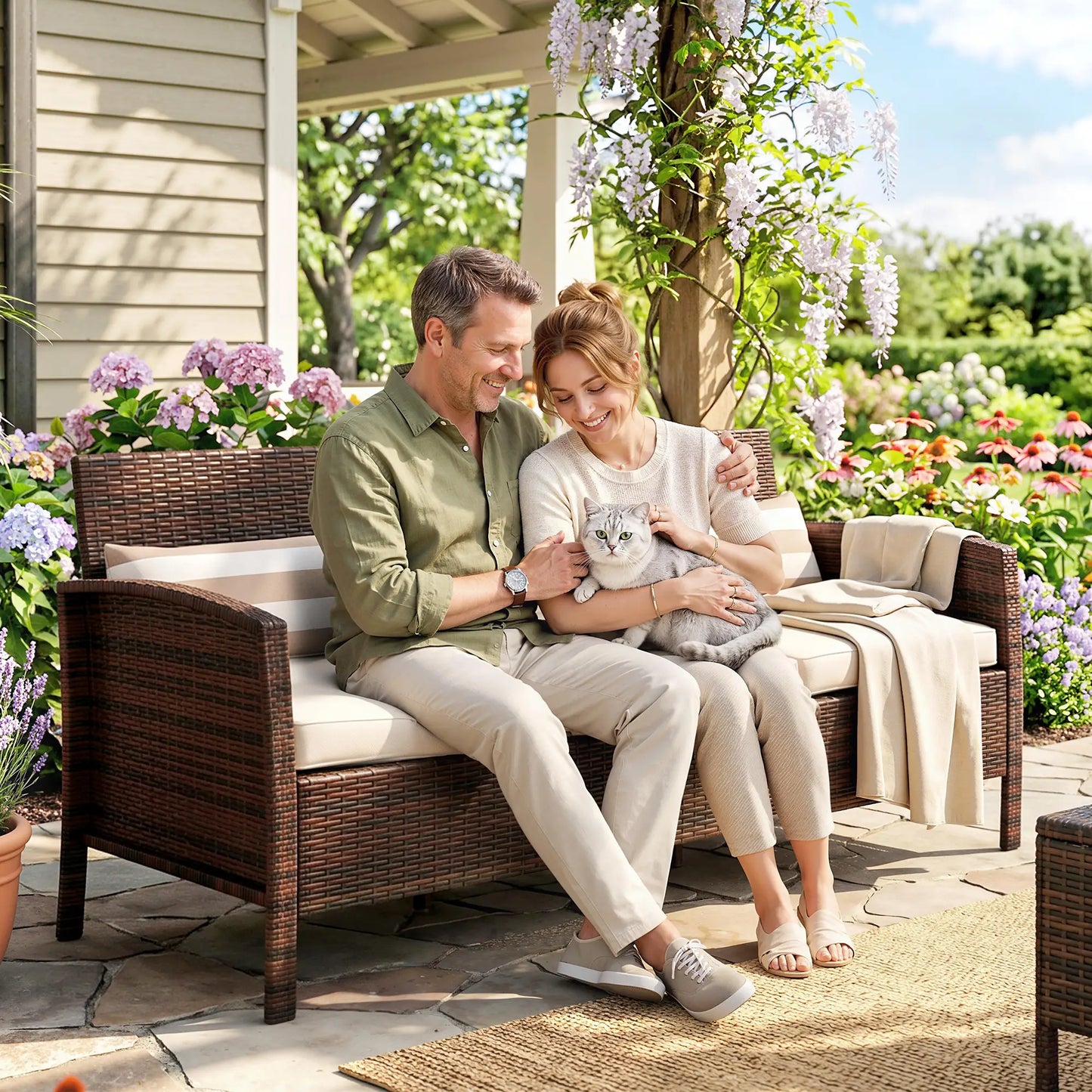 3-Seater Wicker Sofa, PE Rattan Outdoor Couch, Removable Cushions, Brown Patio Furniture Sets at Gallery Canada