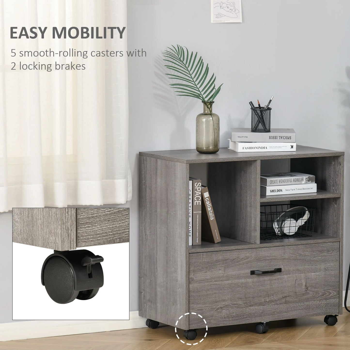 Lateral Filing Cabinet, Open Shelf, Mobile with Wheels, Letter Legal Size, Grey Office Cabinets & Cupboards at Gallery Canada