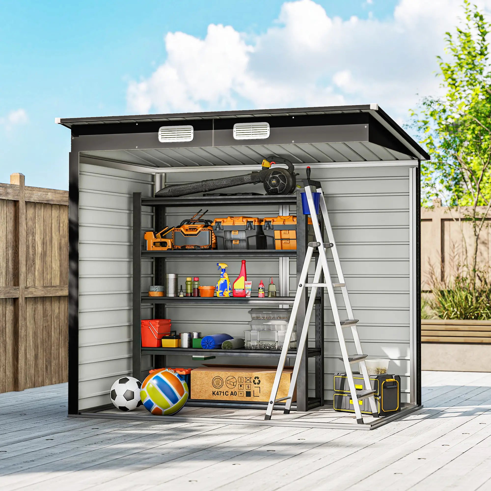 6' x 4' Galvanized Metal Garden Storage Shed, Double Doors, 2 Vents, Teak Sheds at Gallery Canada