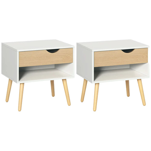 Set of 2 Bedside Tables, Modern Nightstand with Drawer, Shelf, White