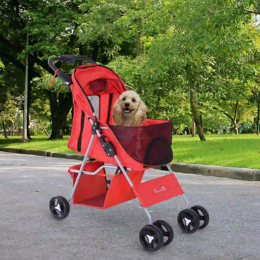 Foldable Pet Stroller, 4 Wheels, Cup Holder, Storage Basket, Red Dog Bike Trailers & Strollers Red at Gallery Canada