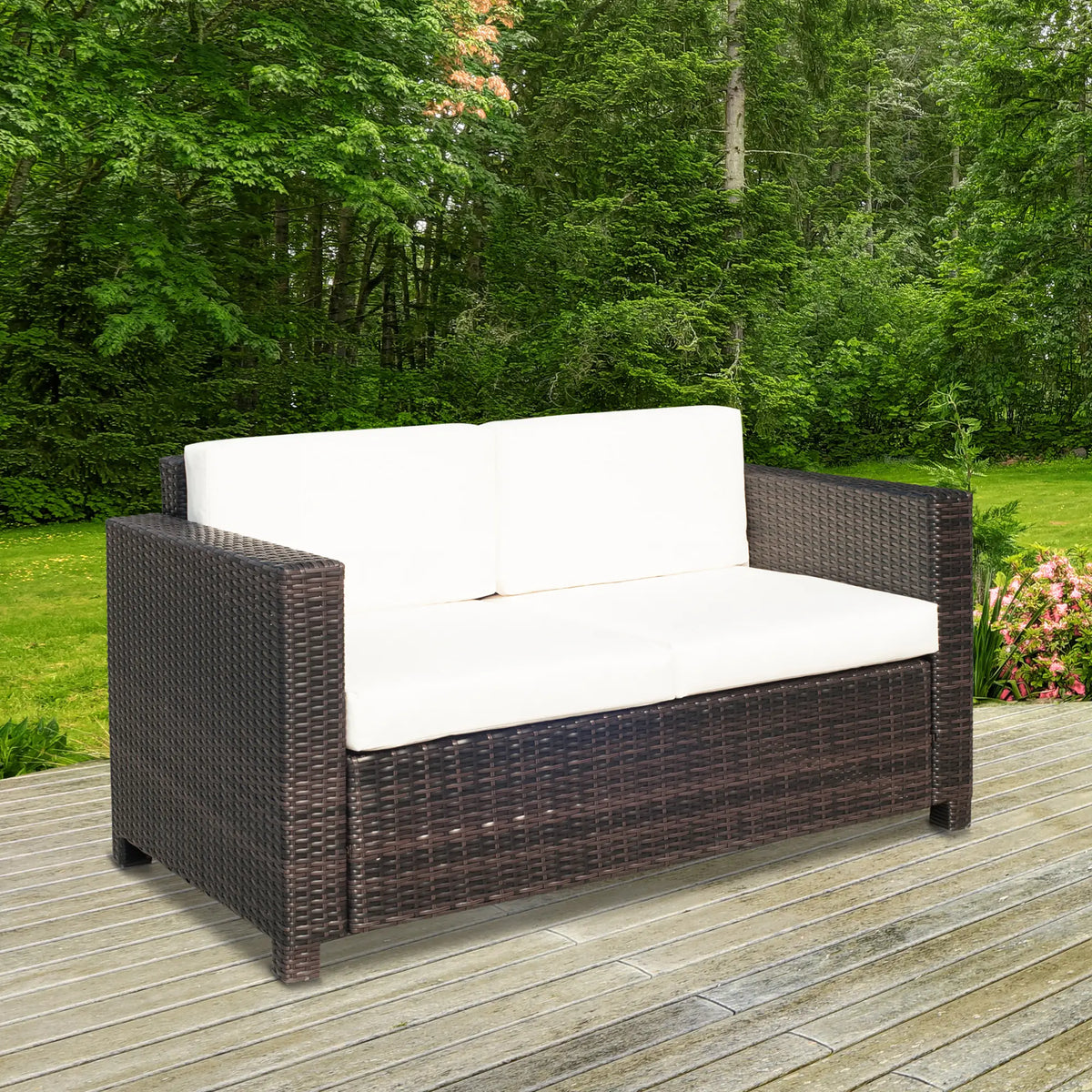2 Seat Rattan Loveseat Couch Patio Furniture With Cushion, Cream White Patio Furniture Sets at Gallery Canada