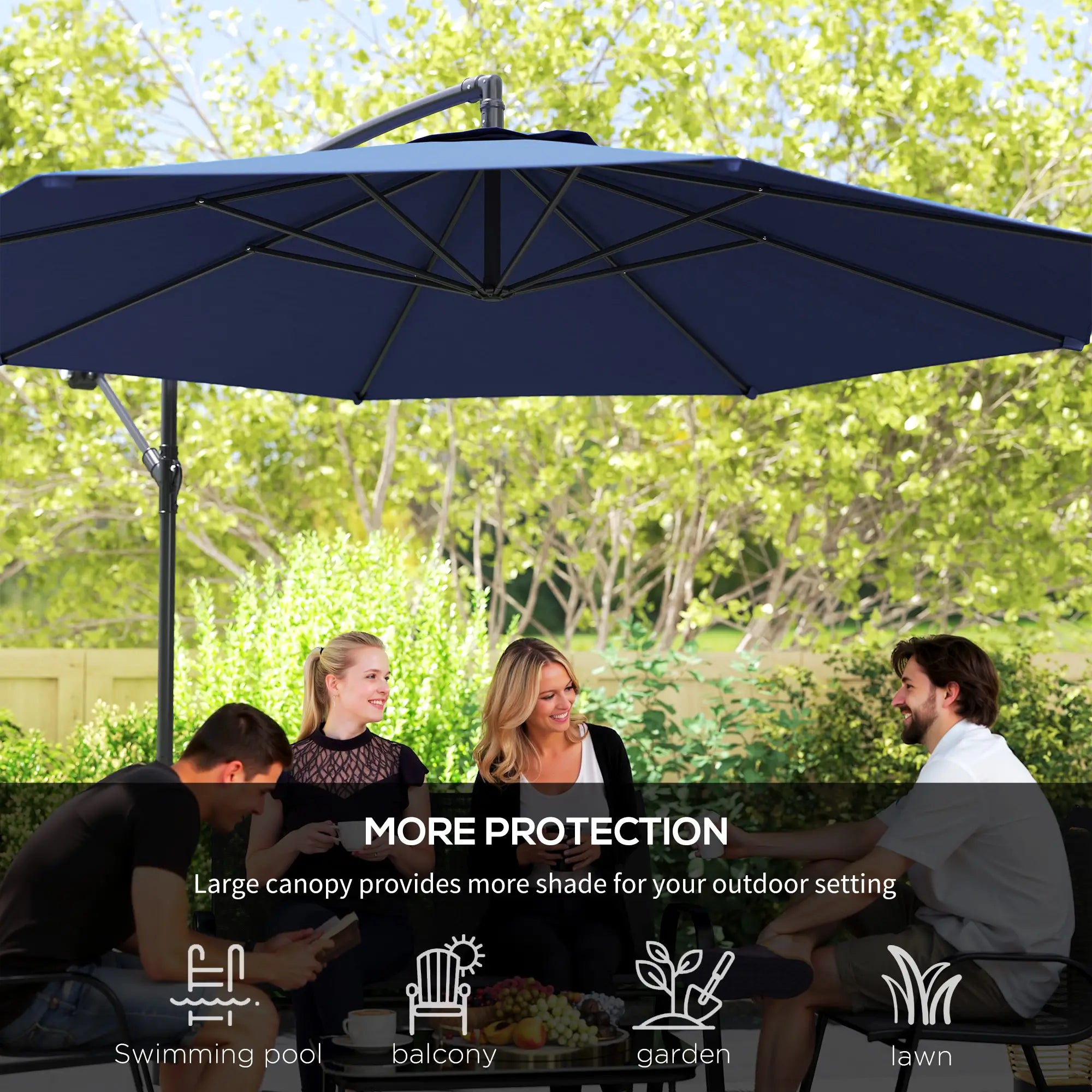 9.7ft Offset Patio Umbrella, 8 Ribs, Crank Handle, Cross Base, Blue Offset Cantilever Umbrellas at Gallery Canada