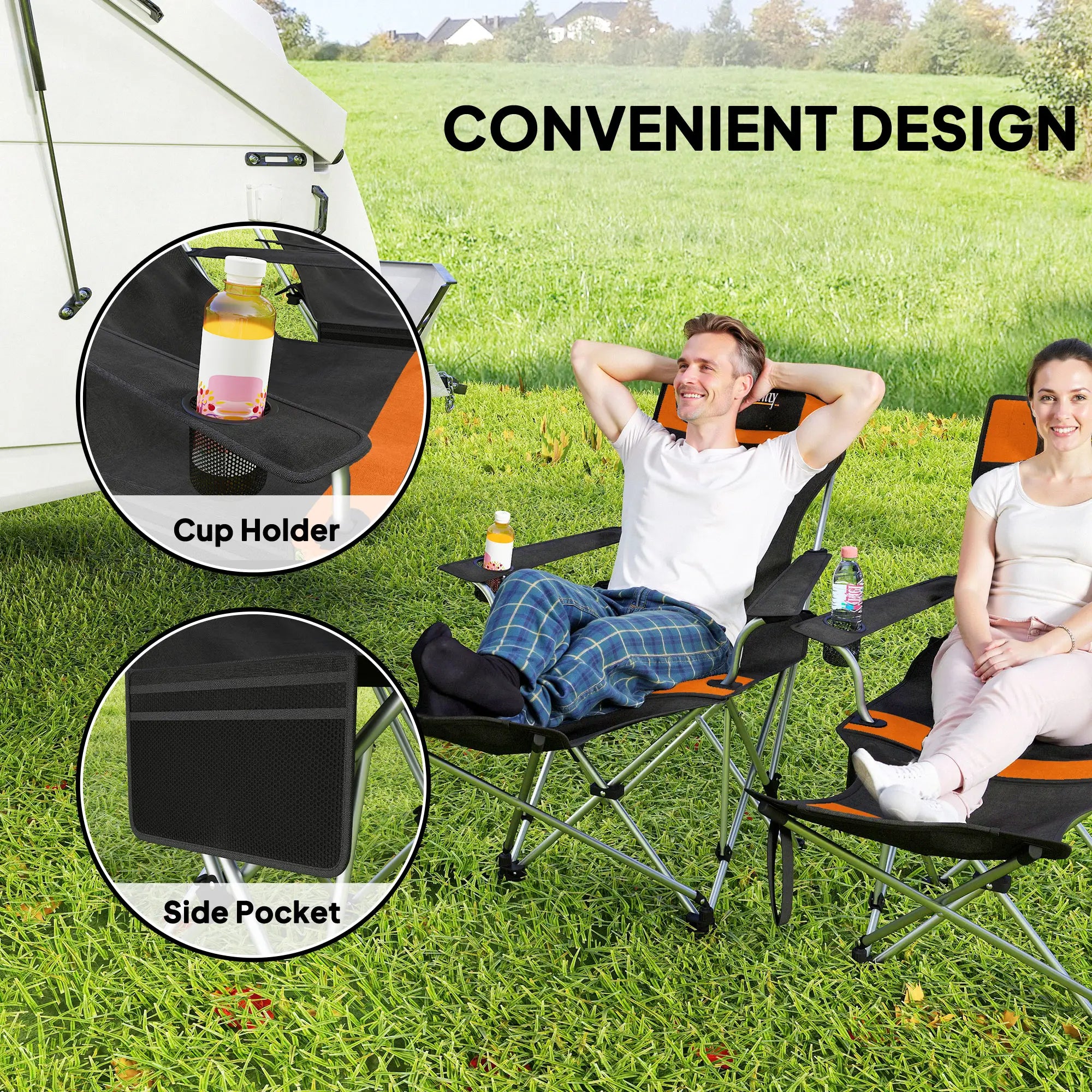 Reclining Camping Chair Set With Foot Rest, Headrest, Cup Holder, Storage Bag, Orange Picnic Tables & Camping Chairs at Gallery Canada