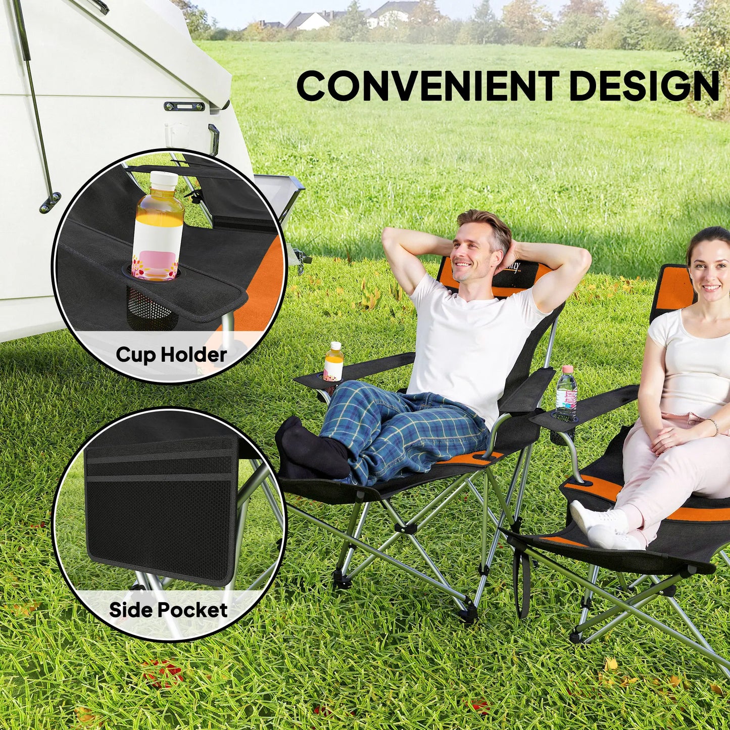 Reclining Camping Chair Set With Foot Rest, Headrest, Cup Holder, Storage Bag, Orange Picnic Tables & Camping Chairs at Gallery Canada