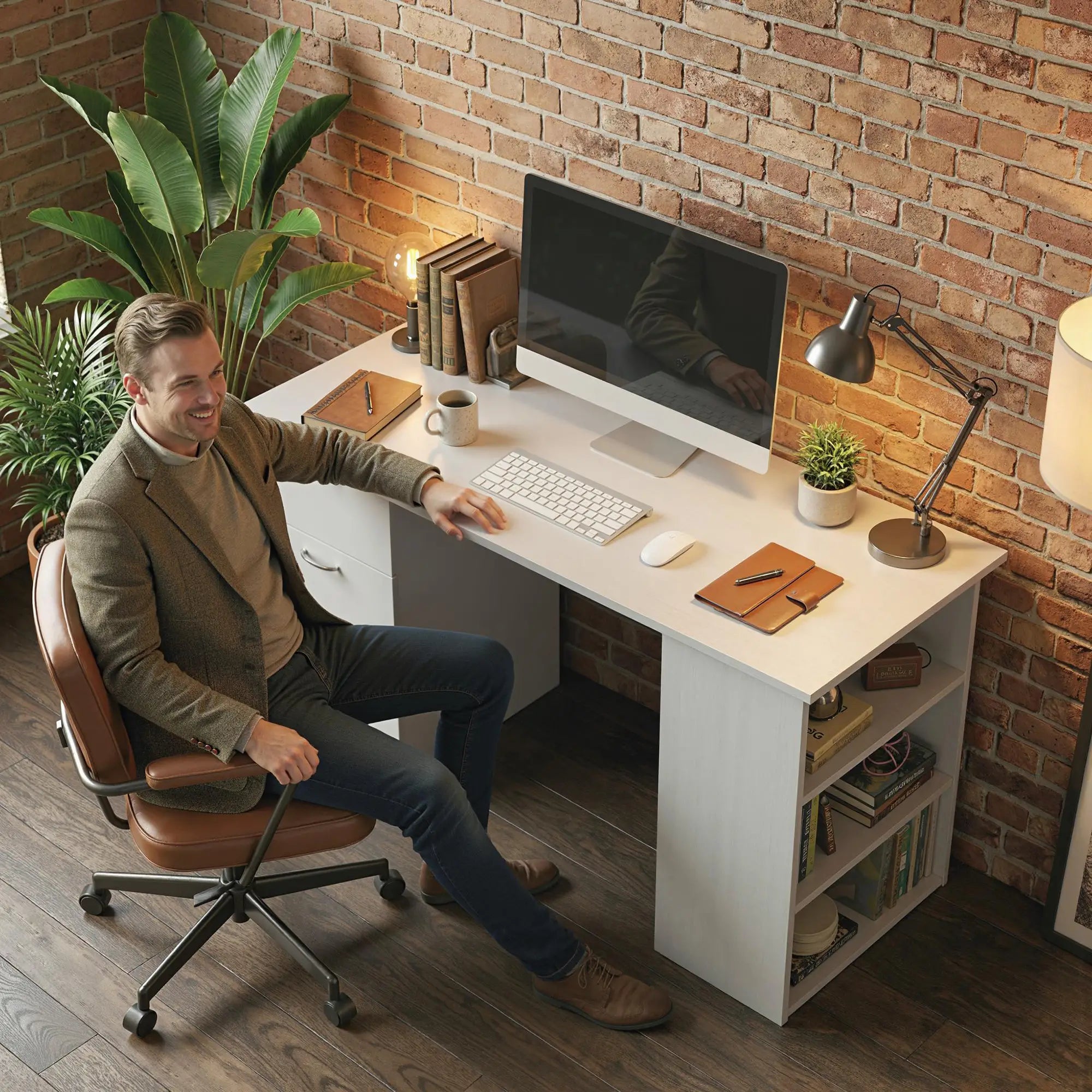 47 Inches Office Desk, 3-Tier Storage Shelves, Drawers, White Writing Desks at Gallery Canada