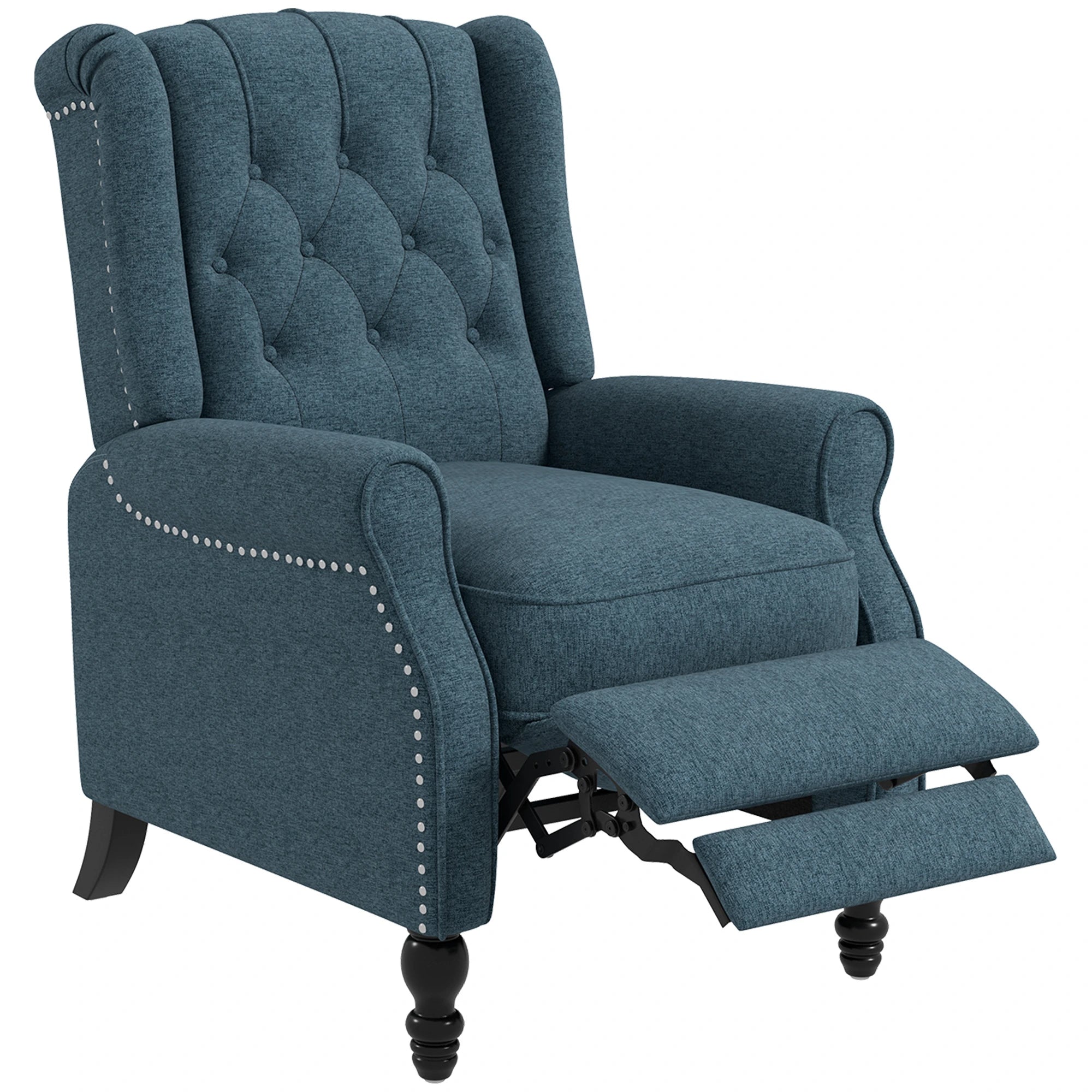Wingback Reclining Chair with Footrest, Button Tufted, Blue Single Sofas Blue at Gallery Canada