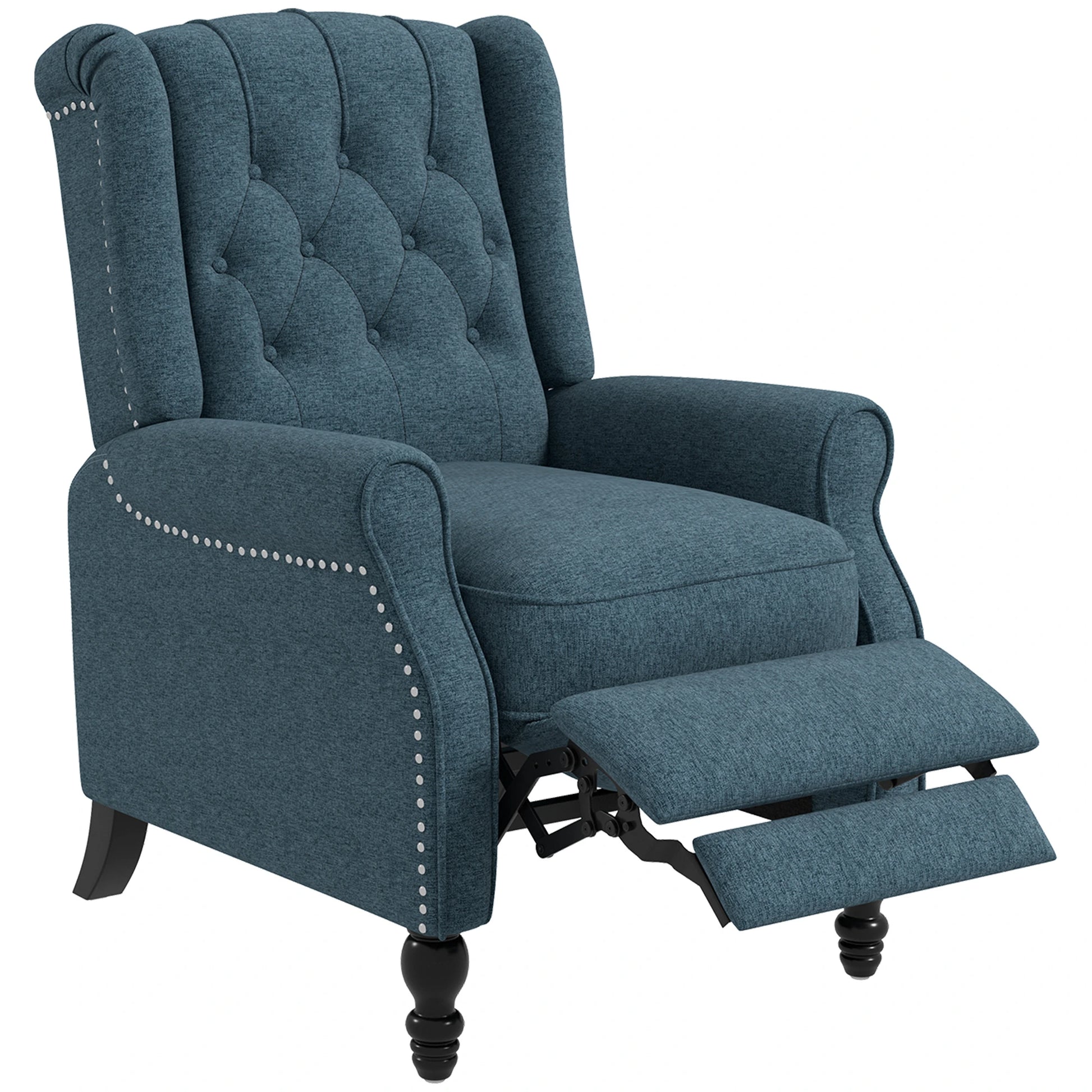 Wingback Reclining Chair with Footrest, Button Tufted, Blue Single Sofas Blue at Gallery Canada