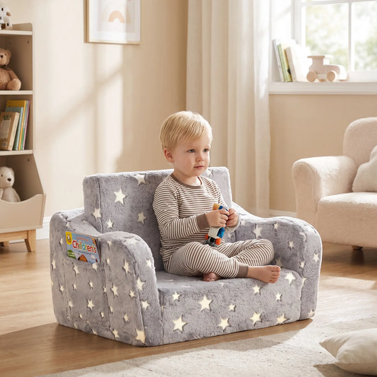 2 in 1 Toddler Couch, Glow in the Dark Stars, Sit to Lie, 18-48 M, Grey Kids Chairs & Seating Grey at Gallery Canada