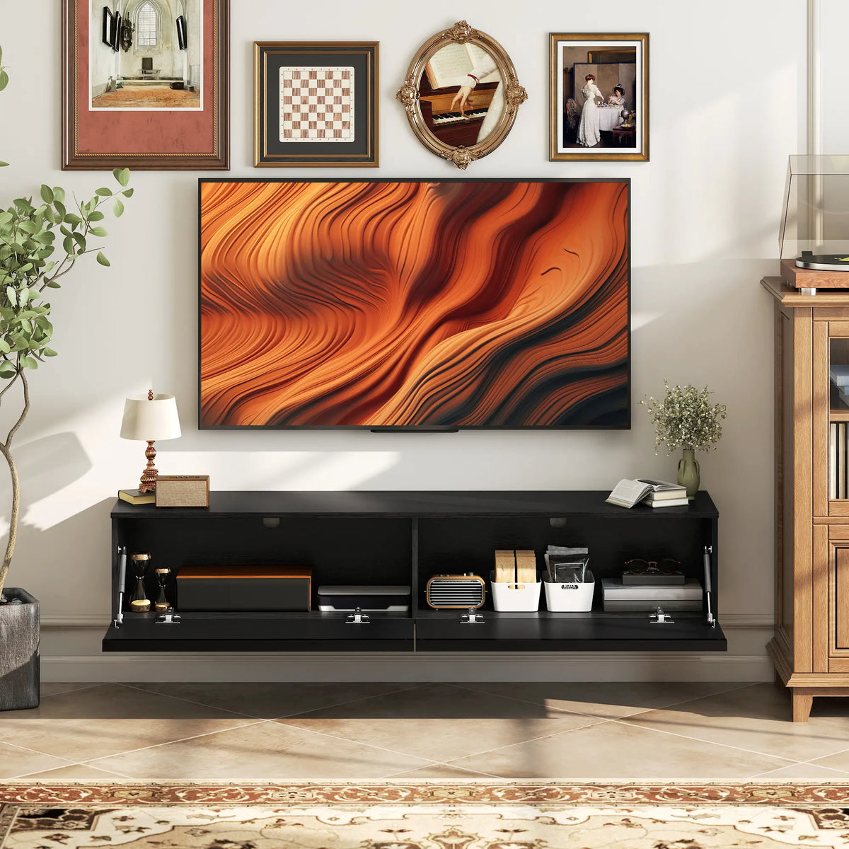 Wall Mounted TV Stand, Floating Cabinet, 70", High Gloss, Black