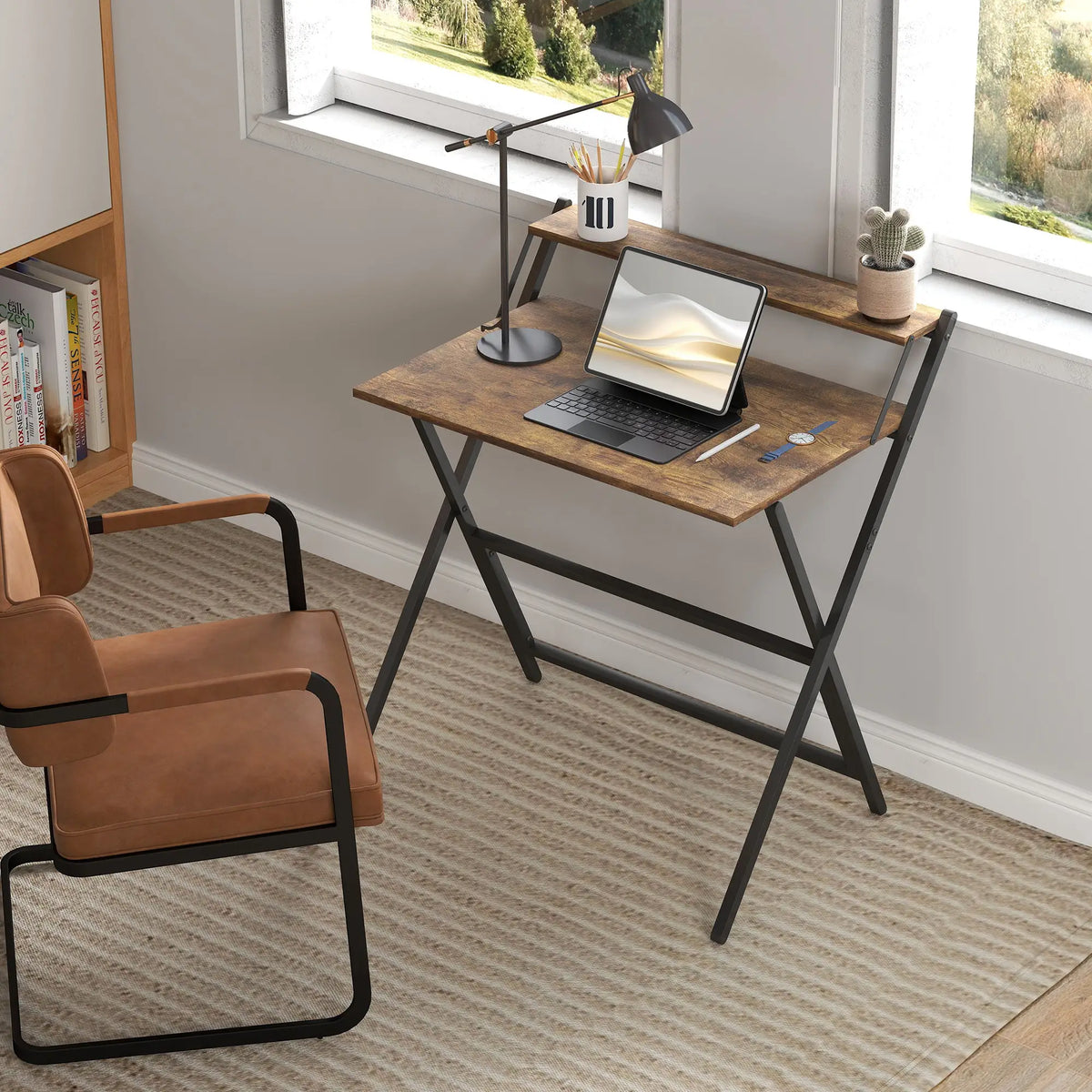 32" Foldable Computer Desk, Monitor Shelf, Rustic Brown Writing Desks at Gallery Canada