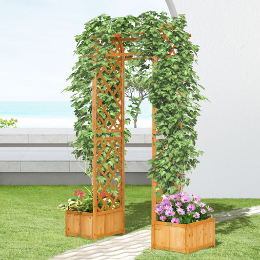 7.7FT Garden Arch with 2 Foldable Planter Boxes, Outdoor Wooden Trellis Arbor for Ceremony Party Weddings, Brown - Gallery Canada