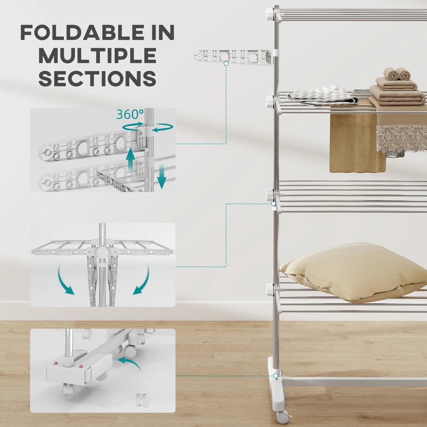 Stainless Steel Folding Clothes Drying Rack, Side Wings, Castors, Indoor Outdoor, White Bath Accessories at Gallery Canada