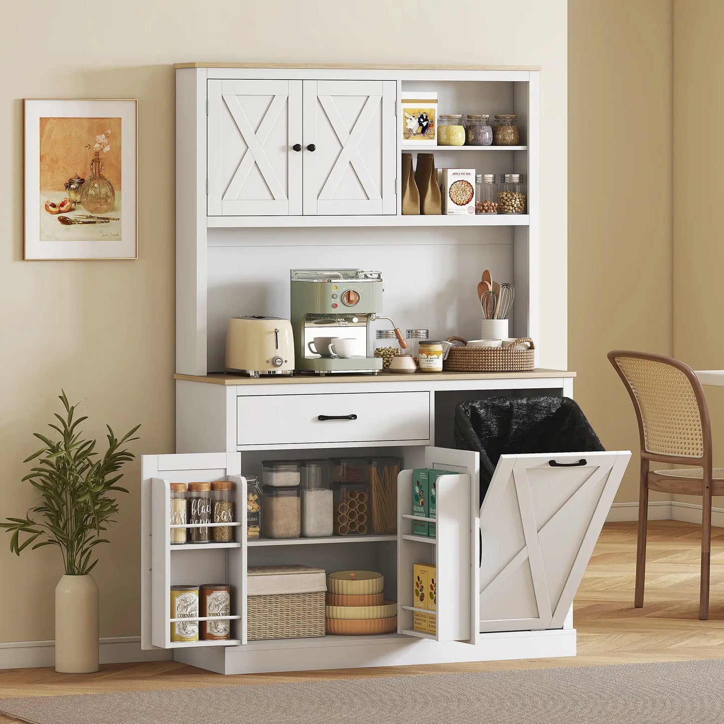 69 Inch Pantry Cabinet with Charging Station, Microwave Stand, Tilt Out Trash Can, White Kitchen Pantry Cabinets at Gallery Canada