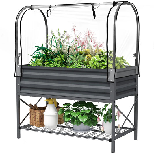Metal Raised Garden Bed With Cover, With Bottom Shelf And Liner, Dark Grey
