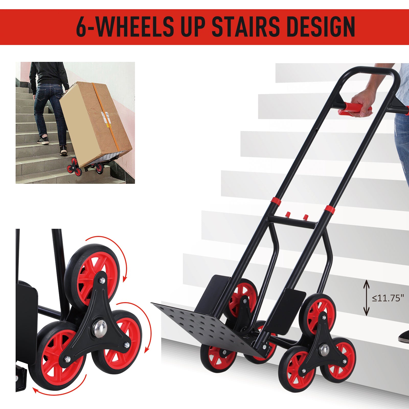 6-Wheels Stair Climber Trolley Cart Hand Truck and Dolly Foldable Steel Load Cart, 264lbs Capacity - Gallery Canada
