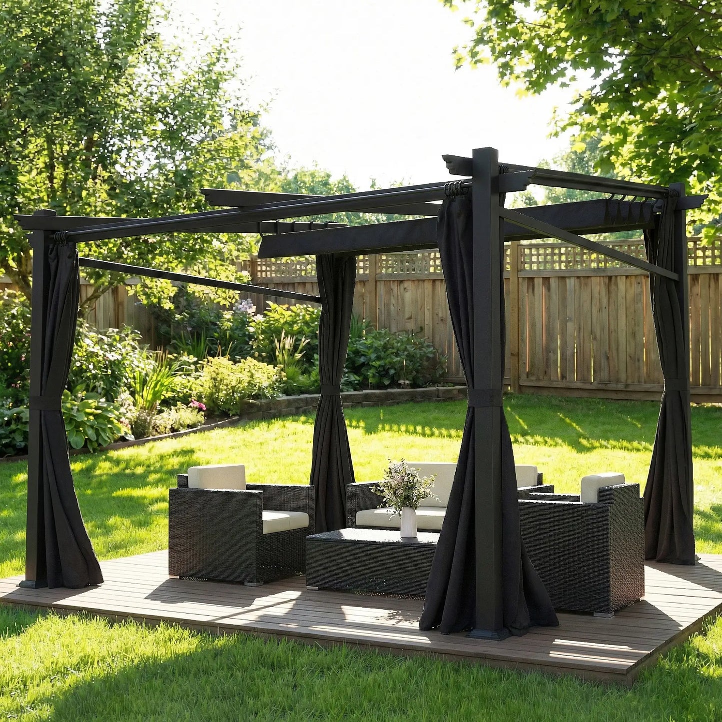 Metal Pergola With Sliding Roof Canopy, 10' x 10', Black Pergolas at Gallery Canada