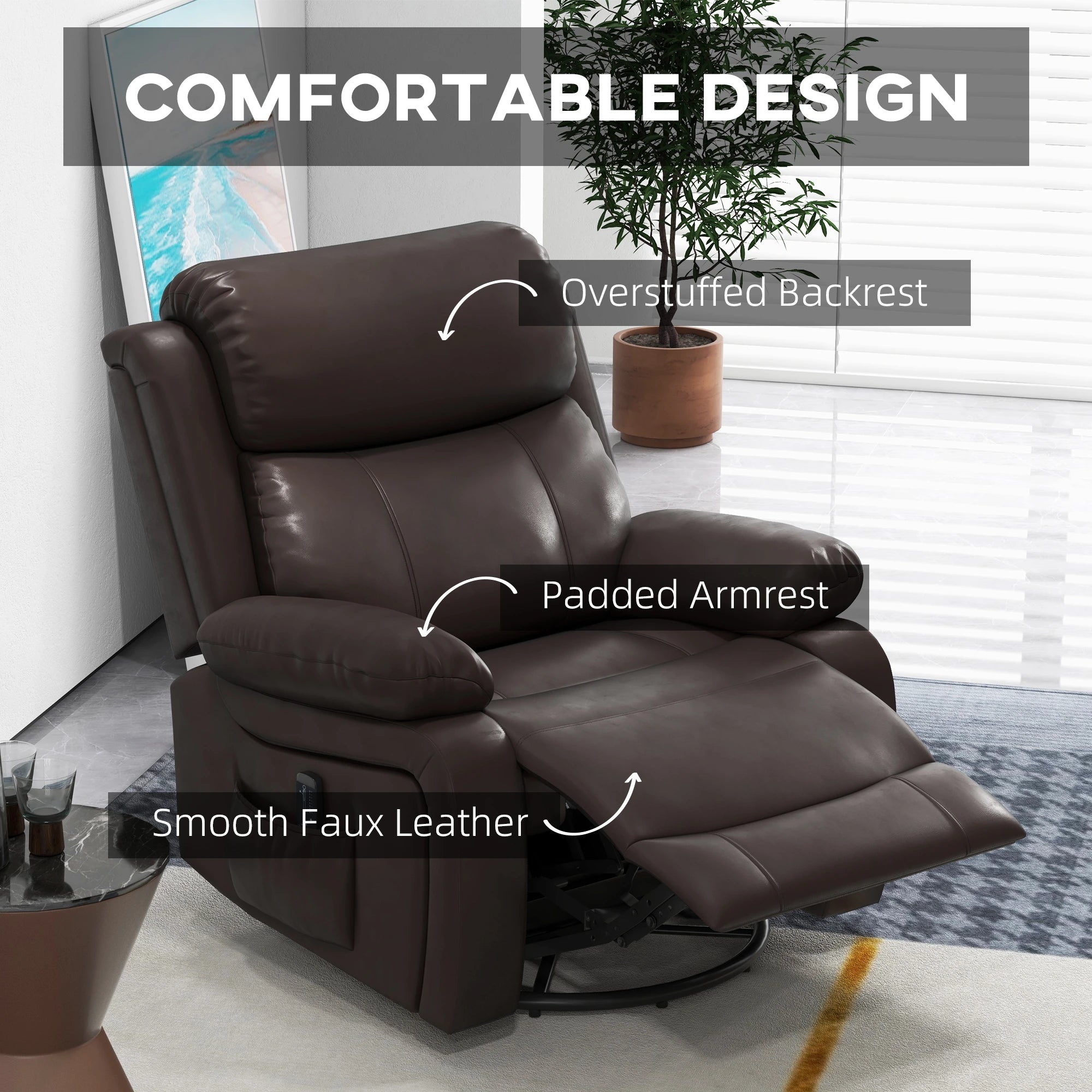 PU Leather Reclining Chair, Vibration Massage, Swivel Rocking, Remote, Brown Single Sofas at Gallery Canada