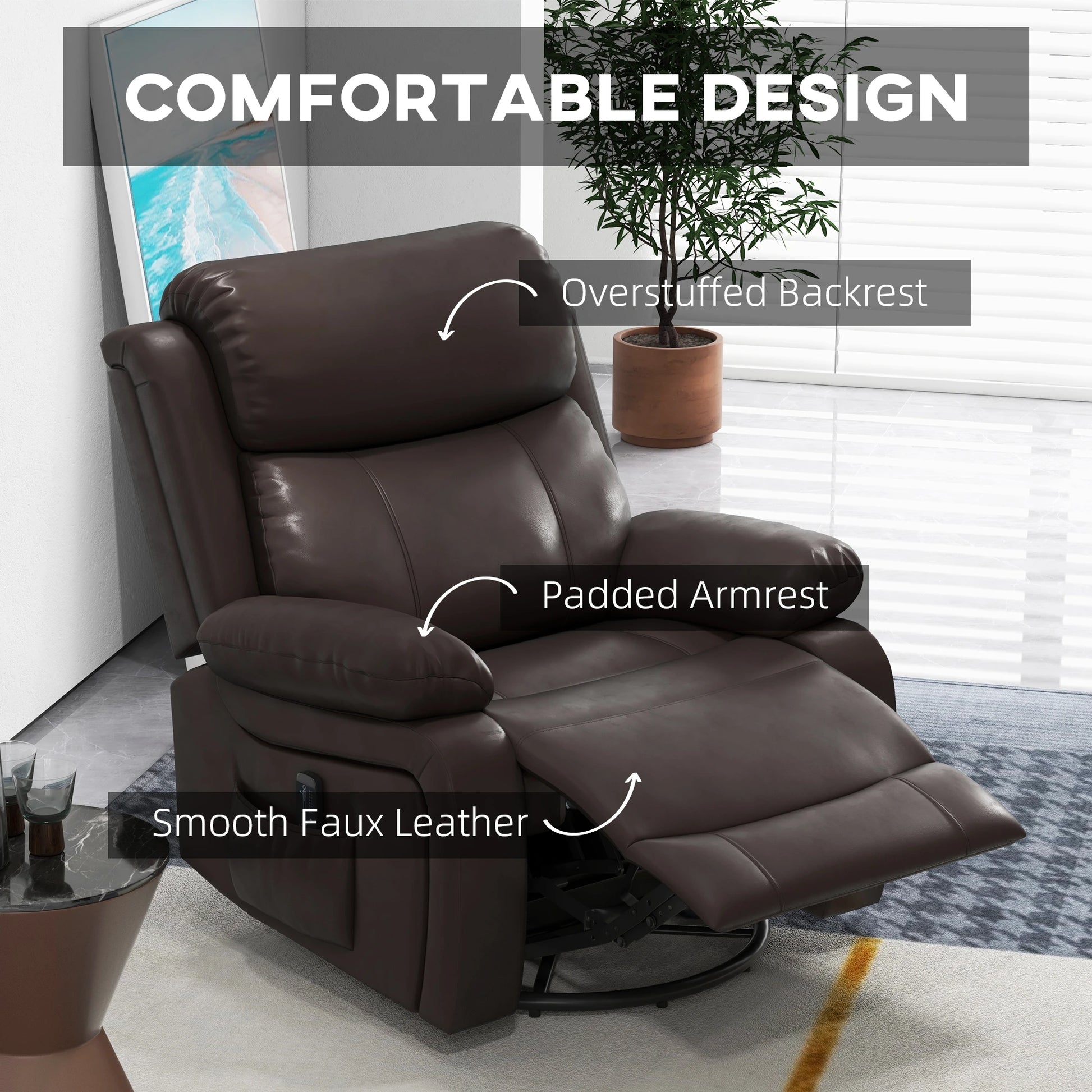 PU Leather Reclining Chair, Vibration Massage, Swivel Rocking, Remote, Brown Single Sofas at Gallery Canada