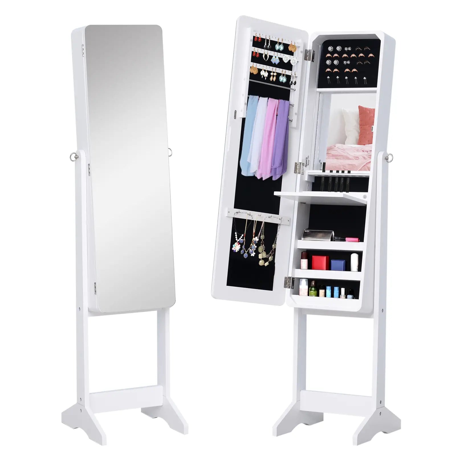 Freestanding Jewelry Cabinet Armoire, LED Lighted Organizer, Adjustable, White Jewelry Armoire & Jewellery Mirror Cabinets White at Gallery Canada
