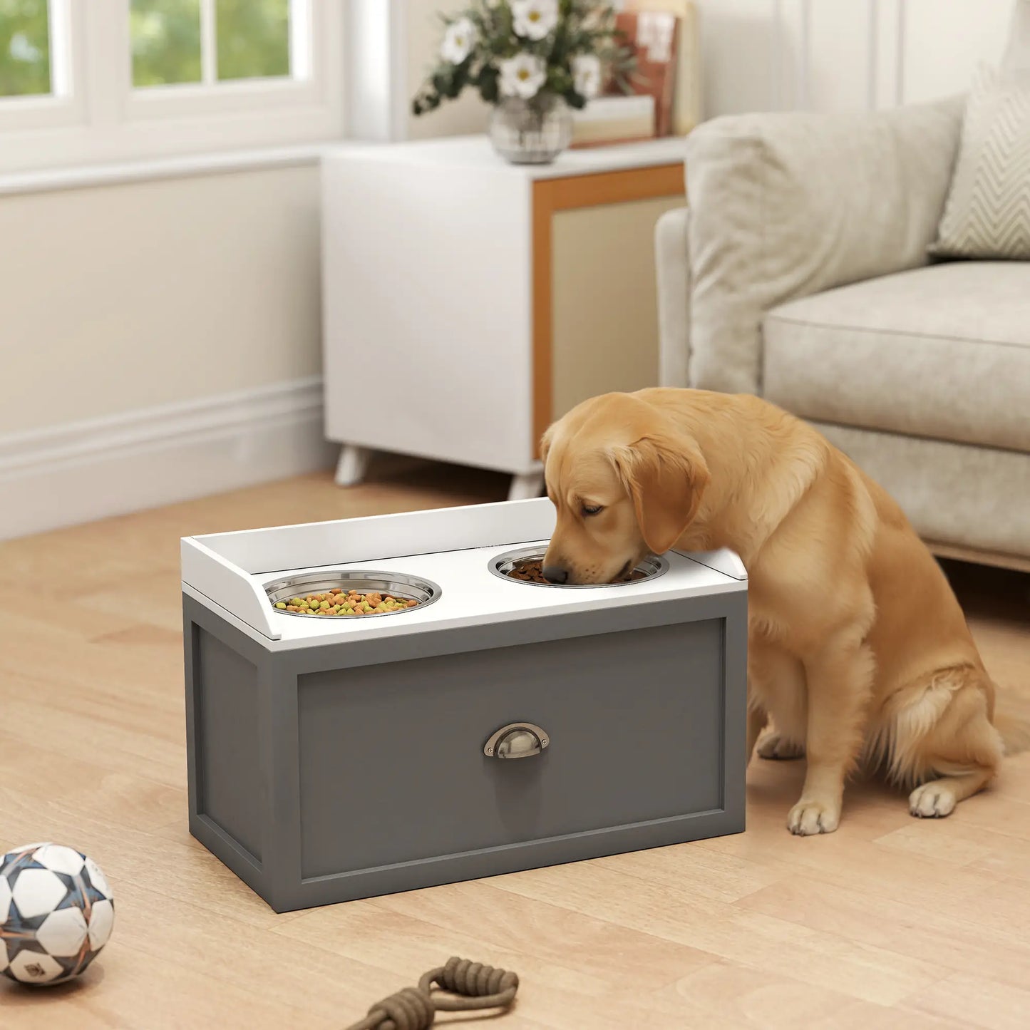 Grandes Gamelles surélevées pour Chien, Tiroir de Rangement, 2 Gamelles en Acier Inoxydable, Gris