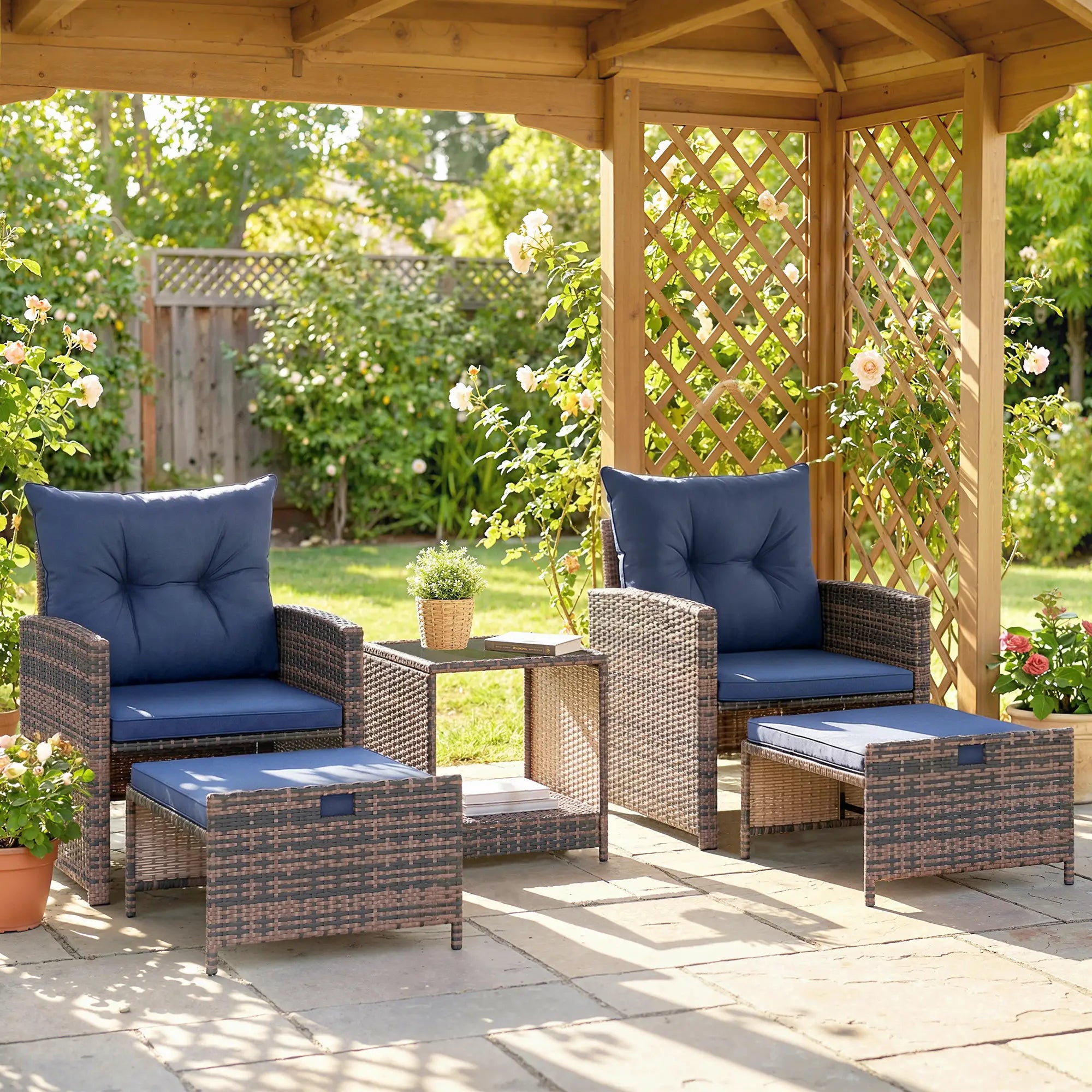 5 Piece Patio Set, Wicker Chairs With Ottomans, Glass Coffee Table, Brown/Dark Blue Patio Furniture Sets at Gallery Canada