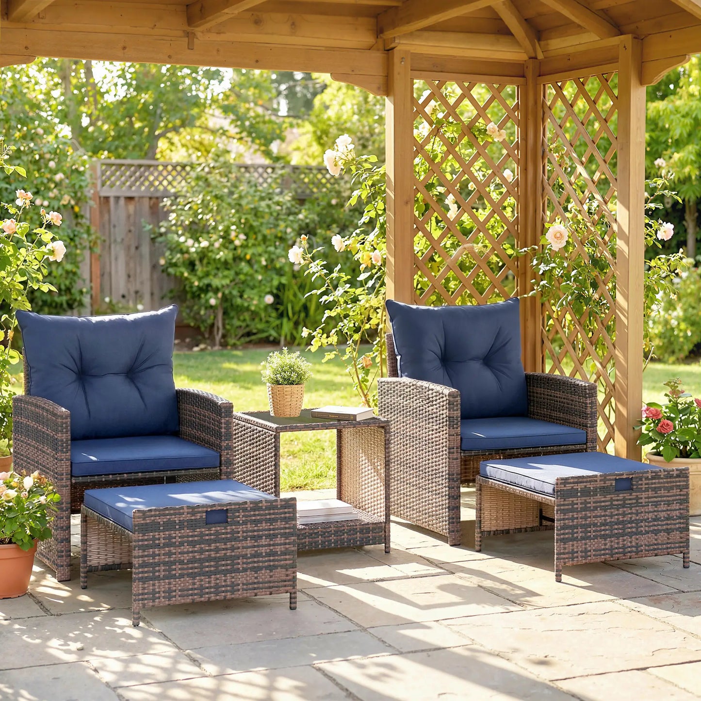 5 Piece Patio Set, Wicker Chairs With Ottomans, Glass Coffee Table, Brown/Dark Blue Patio Furniture Sets at Gallery Canada