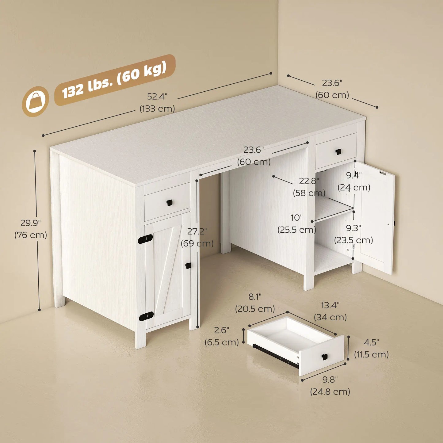 53" Farmhouse Executive Desk, White Wood Grain, Computer Desk With Drawers, White Writing Desks at Gallery Canada