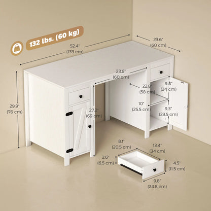 53" Farmhouse Executive Desk, White Wood Grain, Computer Desk With Drawers, White Writing Desks at Gallery Canada