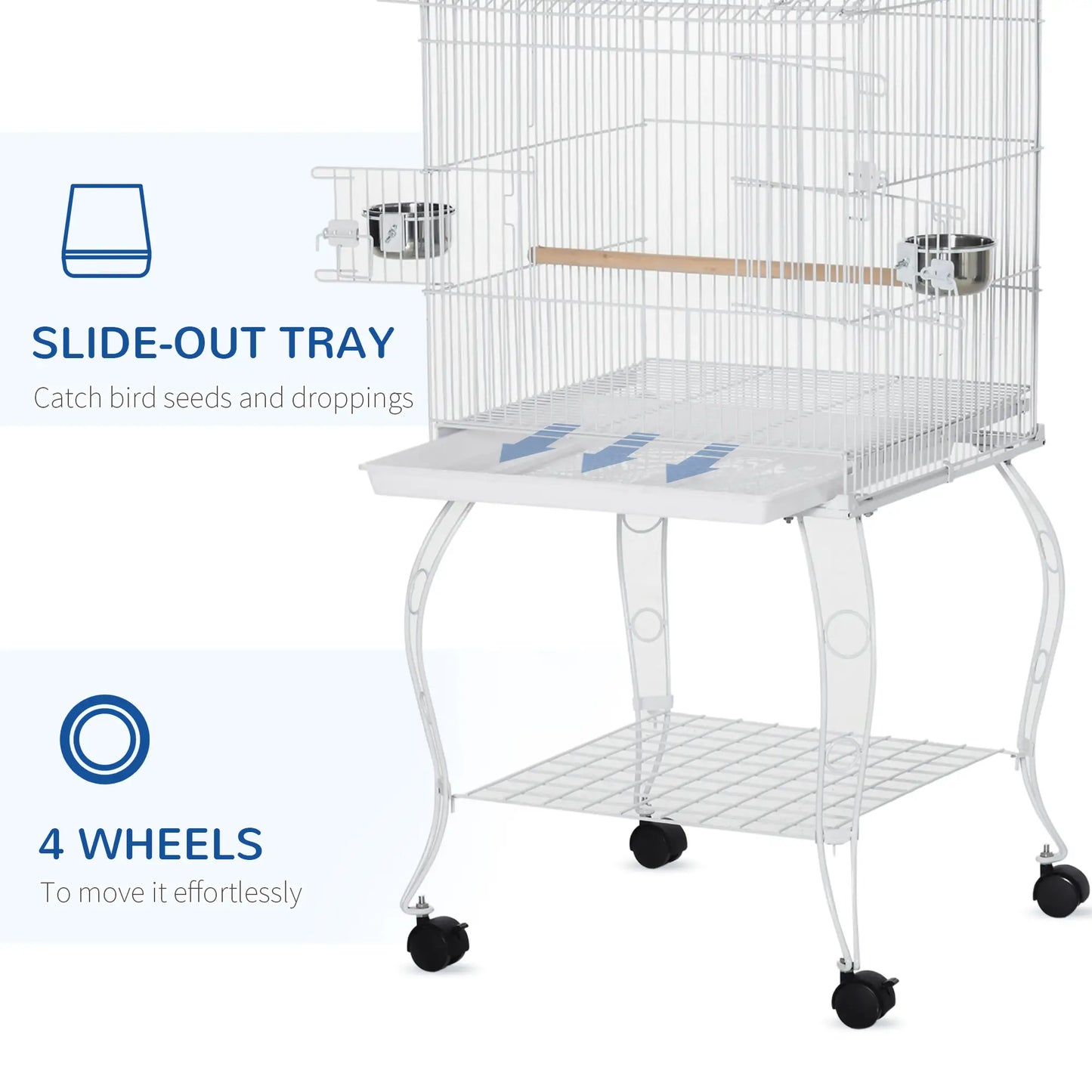 53.9'' Large Rolling Bird Cage with Stand, Shelf, Perch, White Bird Cages at Gallery Canada