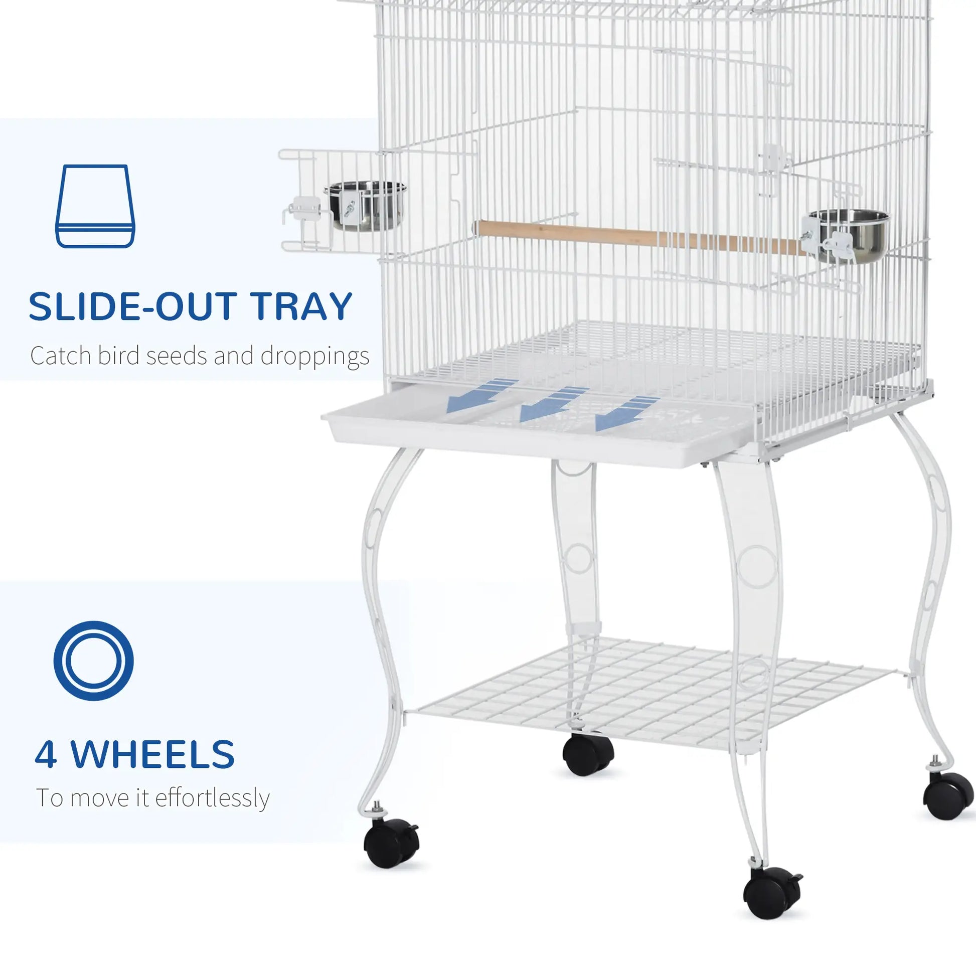 53.9'' Large Rolling Bird Cage with Stand, Shelf, Perch, White Bird Cages at Gallery Canada