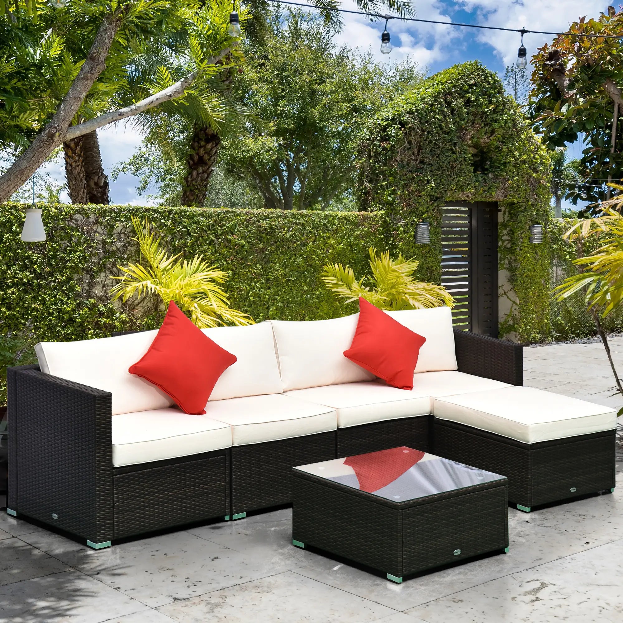 6-Piece Outdoor PE Rattan Sofa Set, Thick Cushions, Glass Top Table, Dark Coffee, Cream White Patio Furniture Sets at Gallery Canada