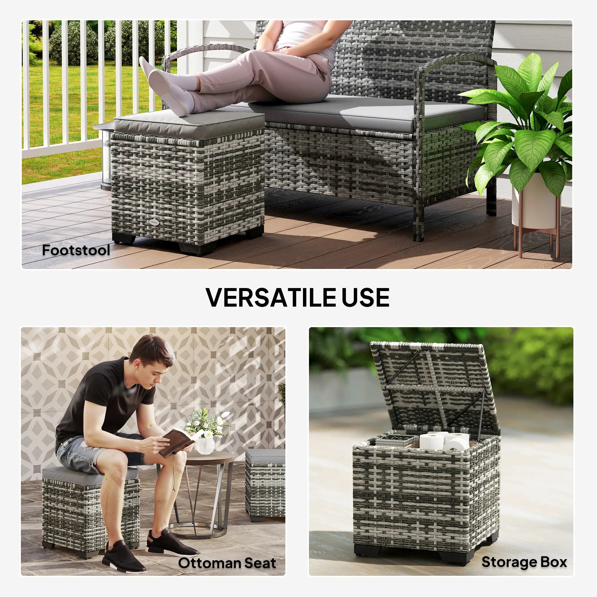 Set of 2 Wicker Ottoman, Outdoor Footstool with Storage &; Removable Cushions for Poolside, Patio, Deck, Grey Patio Furniture Sets at Gallery Canada