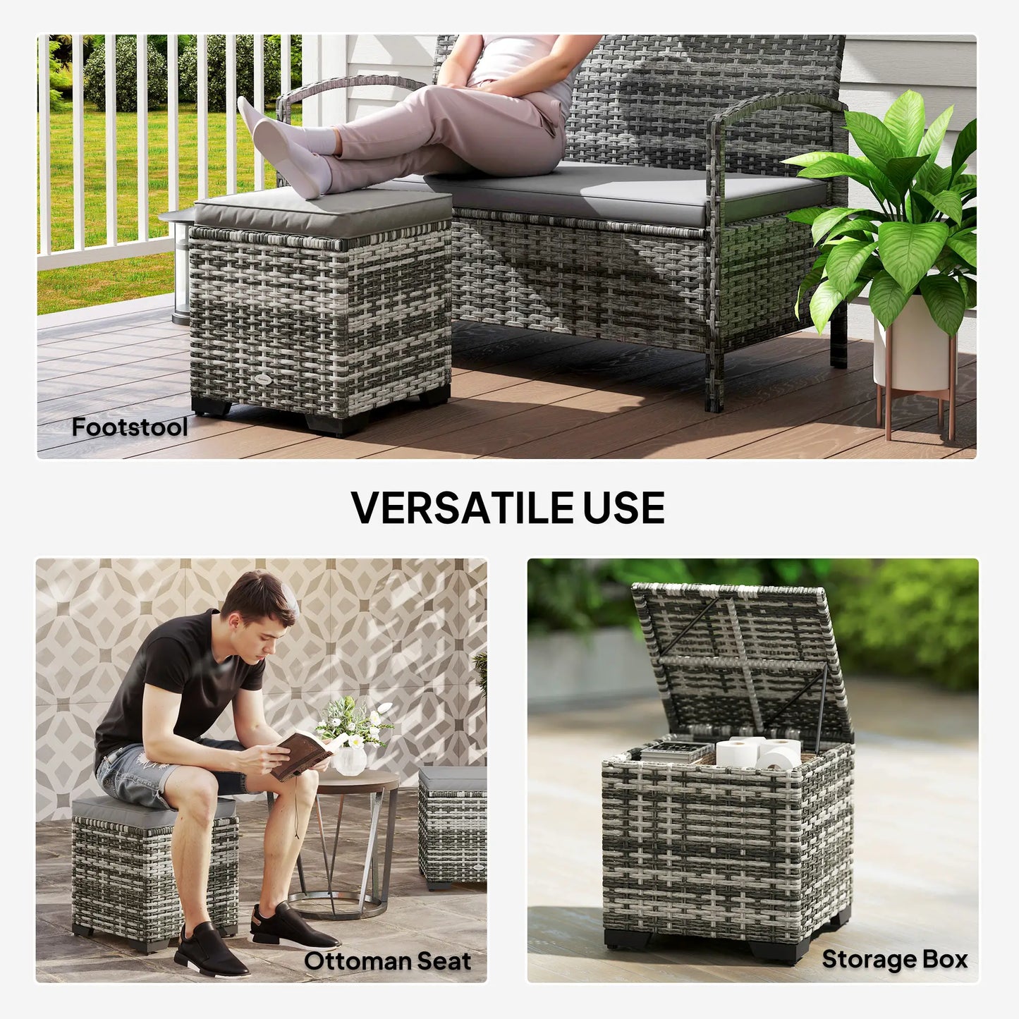 Set of 2 Wicker Ottoman, Outdoor Footstool with Storage &; Removable Cushions for Poolside, Patio, Deck, Grey Patio Furniture Sets at Gallery Canada