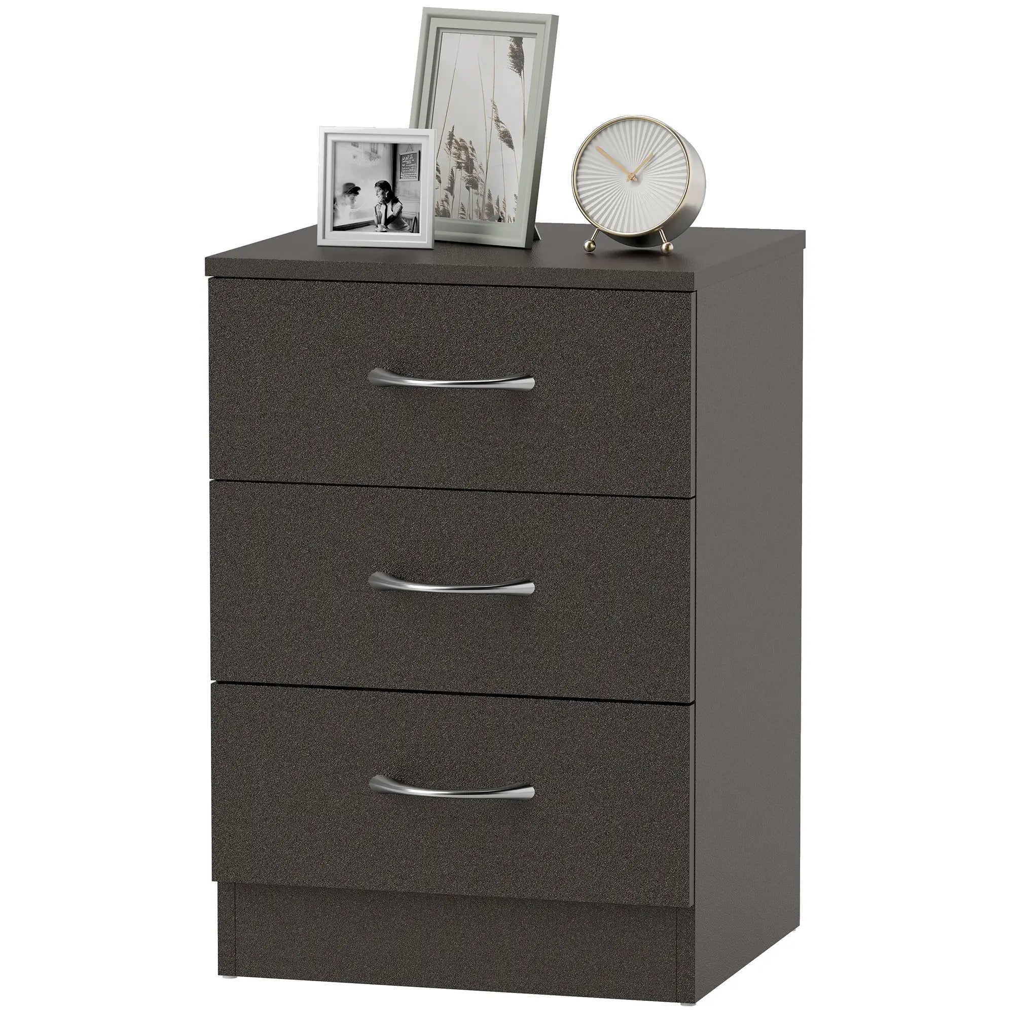 Modern Night Stand, 3 Drawers, Metal Rail, Dark Brown Bedside Tables at Gallery Canada