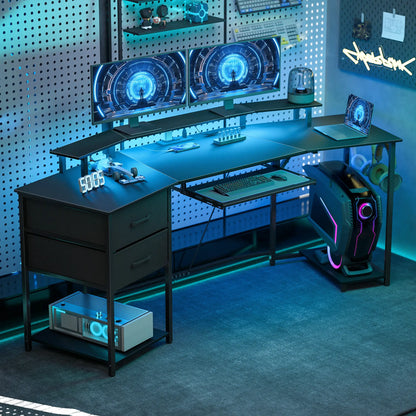 79 Inch Gaming Desk With RGB Lights, Power Outlets, USB Ports, Keyboard Tray, 2 Drawers, Black Gaming Desks at Gallery Canada