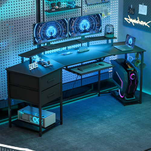 79 Inch Gaming Desk With RGB Lights, Power Outlets, USB Ports, Keyboard Tray, 2 Drawers, Black