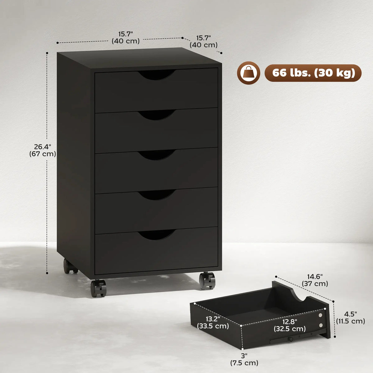 5 Drawer File Cabinet on Wheels, 15.7" x 15.7" x 26.4", Black Office Cabinets & Cupboards at Gallery Canada