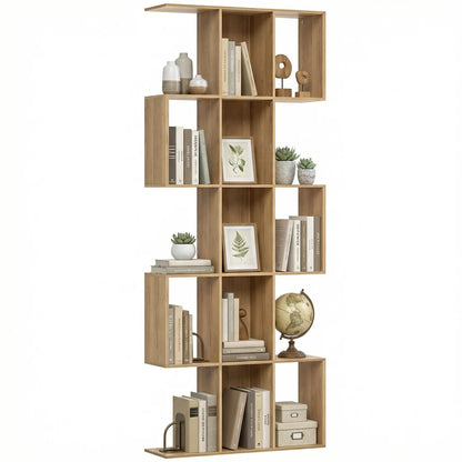 5-Tier S Shaped Geometric Bookcase, 15 Compartments, Oak