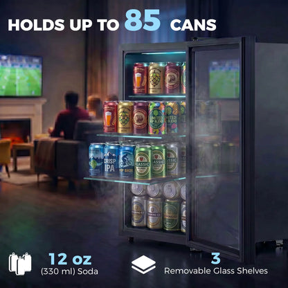 2.1 Cu.Ft Beverage Fridge, 85 Can, Glass Door, Auto-Defrost, LED, Black