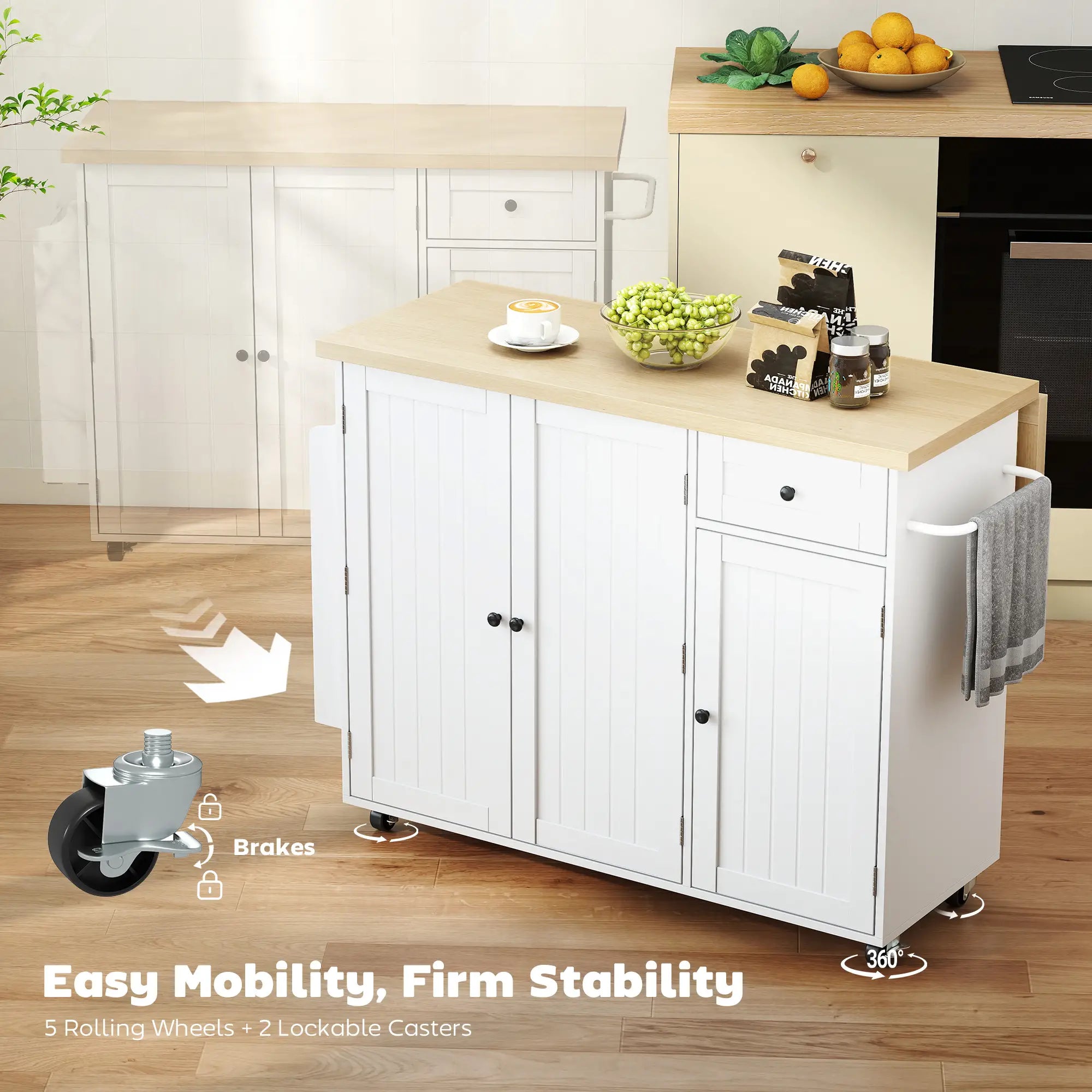 Kitchen Island Cart, Rolling Table with Drop Leaf, Drawer, Spice Rack, White Kitchen Islands & Kitchen Carts at Gallery Canada
