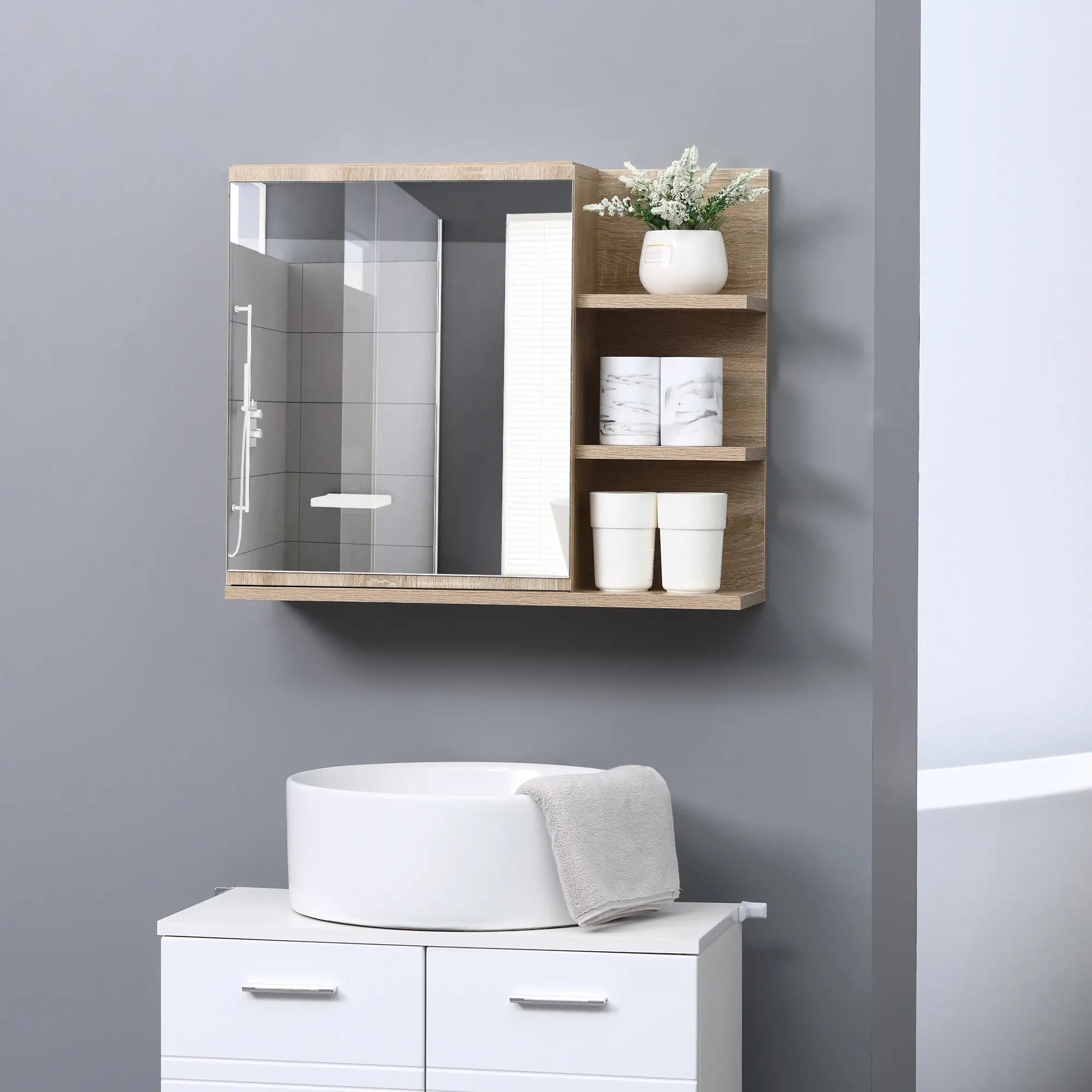 Medicine Cabinet with Mirror, Wall Mounted, 3 Open Shelves, Natural Mirror Medicine Cabinets at Gallery Canada