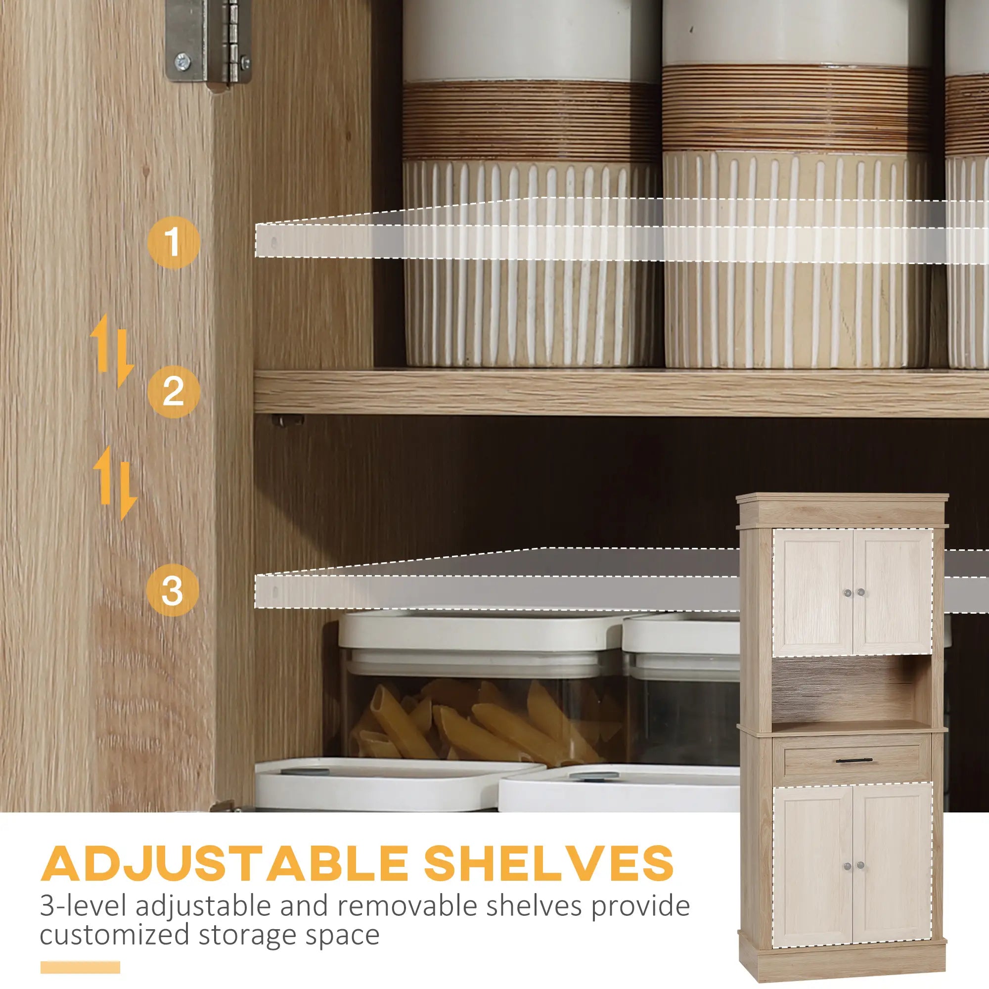 Modern Kitchen Pantry Cabinet, Freestanding with Adjustable Shelves, Oak Kitchen Pantry Cabinets at Gallery Canada