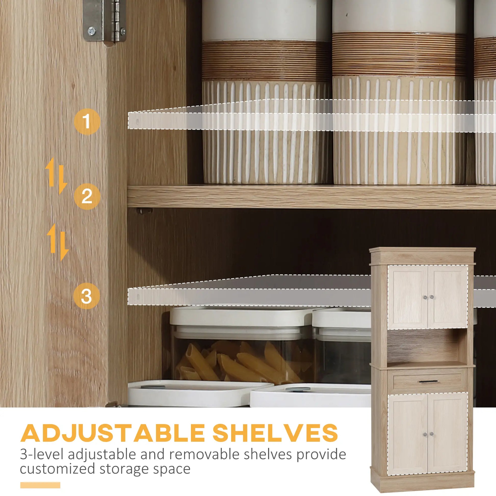 Modern Kitchen Pantry Cabinet, Freestanding with Adjustable Shelves, Oak Kitchen Pantry Cabinets at Gallery Canada