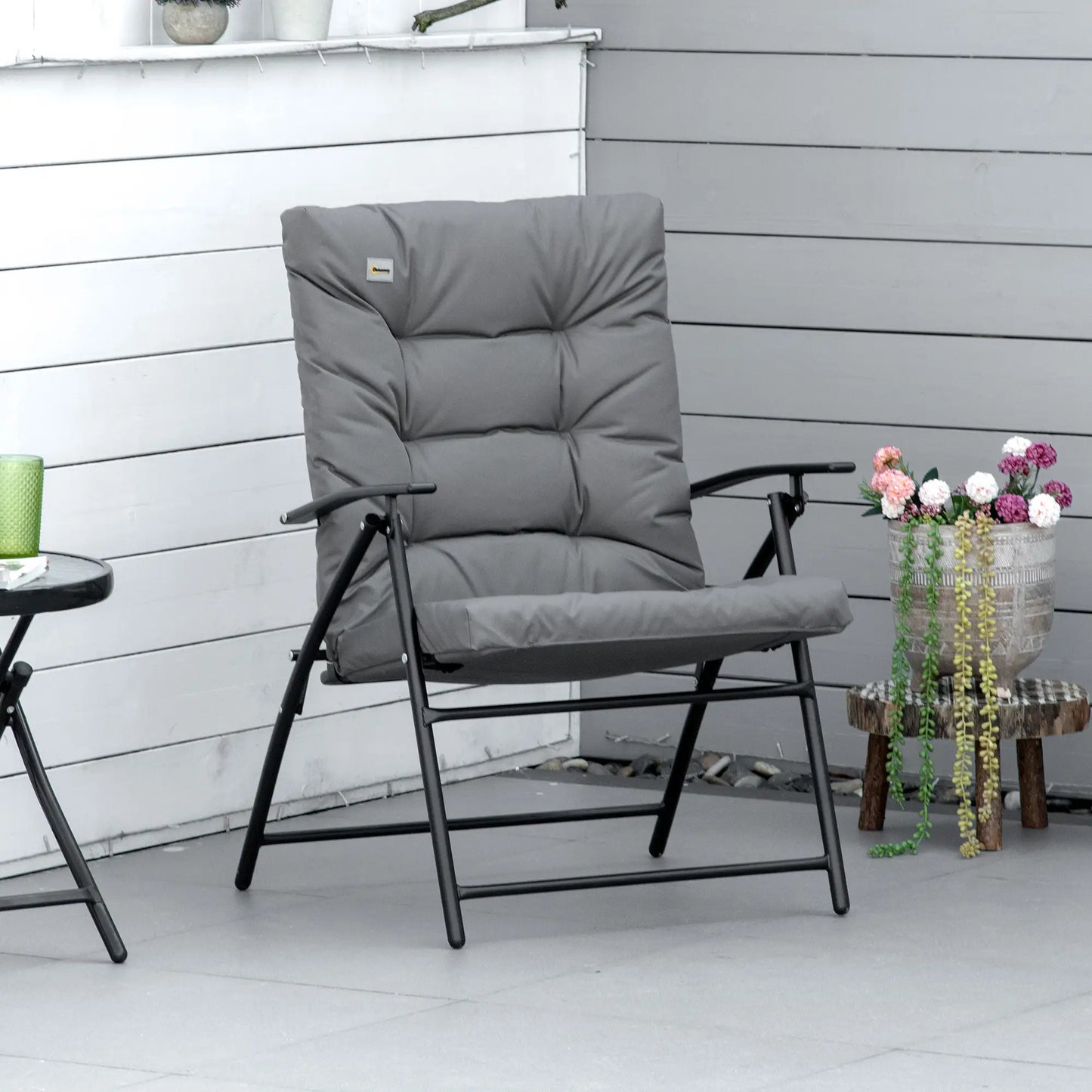 Foldable Lounge Chair, Fabric Upholstered Recliner, Outdoor Lounger with Armrest, Metal Frame for Backyard, Grey Patio Chairs at Gallery Canada