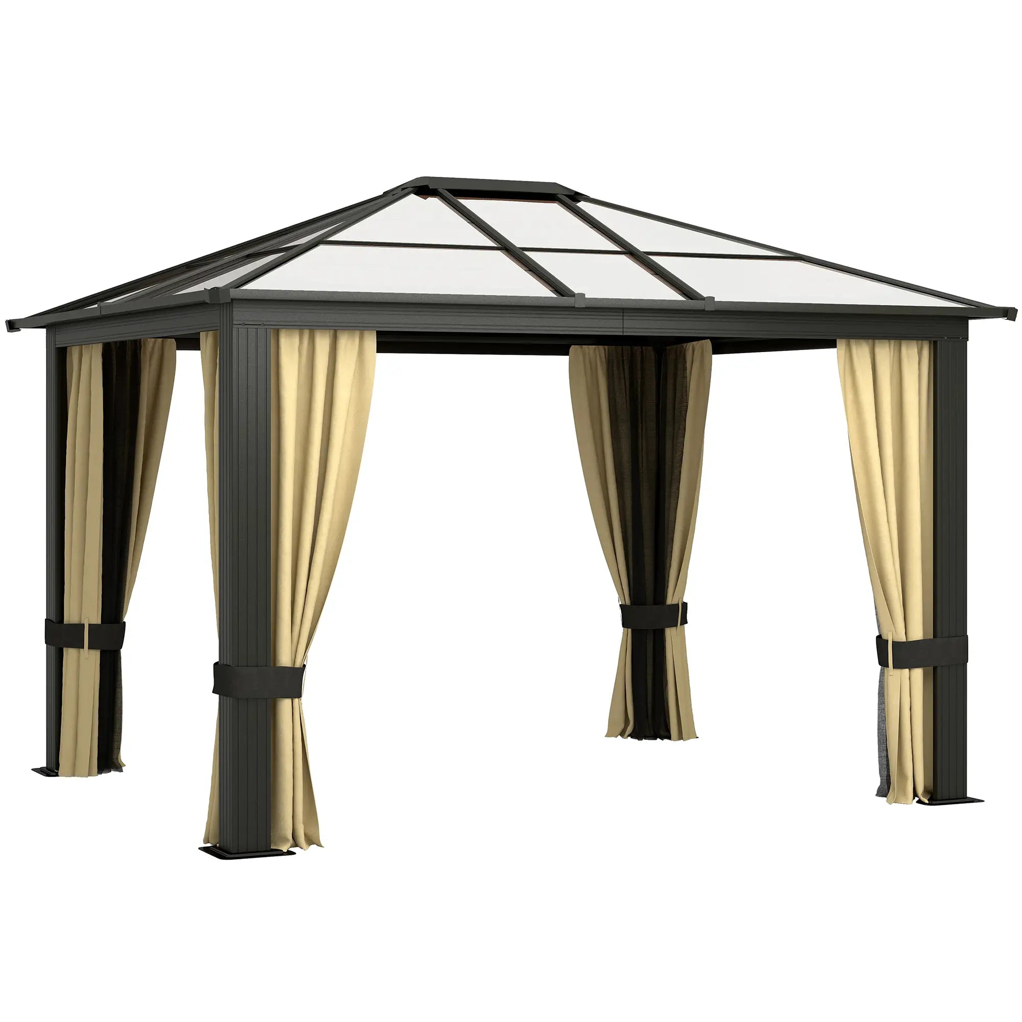 10' x 12' Hard Top Gazebo, Waterproof Canopy, Sun Shelter, Mosquito Netting Gazebos Beige & Brown at Gallery Canada