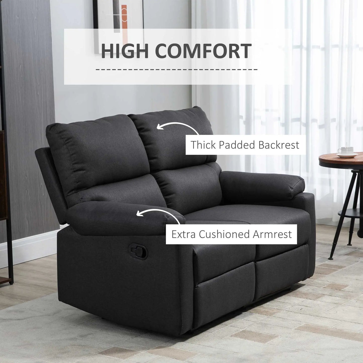 2 Seater Reclining Loveseat, Footrest, Split Backrest, Dark Grey 2-Seater Sofas at Gallery Canada