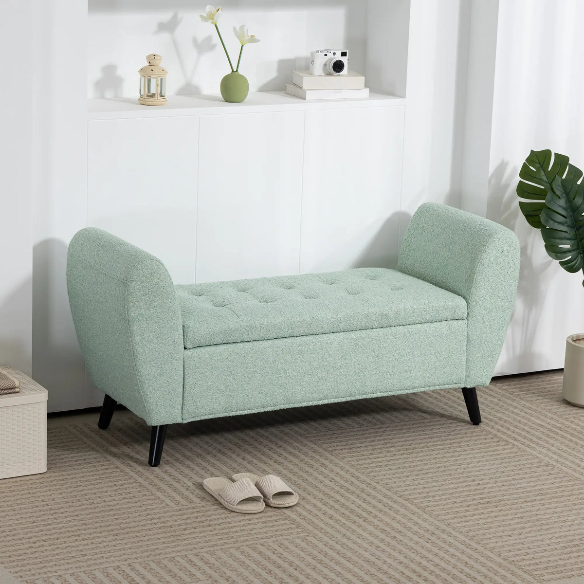 Upholstered Storage Bench with Arms, Modern Ottoman, Green